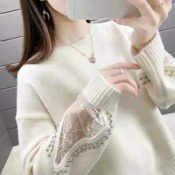 Кружевной вязаный пуловер с шипами для женщин, весна-осень 2023, рубашка со свободным дном и длинными рукавами, свитер, женский пуловер