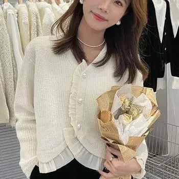 Кружевной вязаный свитер с жемчужной пуговицей, женский кардиган на весну и осень с v-образным вырезом, нежный темпераментный кардиган, женский свитер