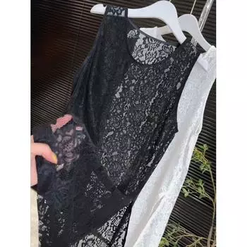 Кружевной вязаный жилет без рукавов с разрезами по бокам для женщин 2025 Весна/Лето Новое поступление Изящное и модное бандажное платье, придающее стройность, маленькая рубашка Black 2XL