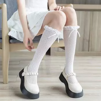 Кружевные ажурные носки мидтюб носки Сетчатые тонкие дышащие Мэри Джейн с бантом Махровые махровые гольфы до икры jk Летние One Size