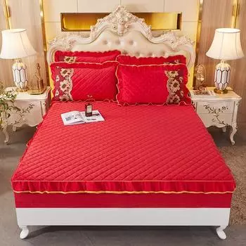 Кружевные бархатные эластичные простыни с наволочками, стеганый наматрасник с вышивкой Queen King, мягкий однотонный наматрасник 150x200cm 59x79inch красный