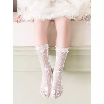 Кружевные чулки для девочек, детские летние ультратонкие сетчатые дышащие белые носки средней длины в стиле Лолита, милые носки с цветочным ворсом