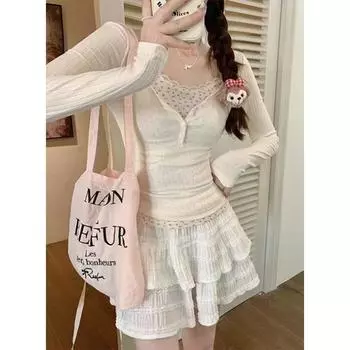 Кружевные цветочные сращивания поддельные два леггинса женские ранняя весна новый обтягивающий короткий стиль чистый длинный рукав маленький топ One size