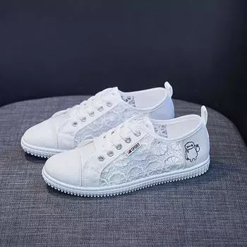 Кружевные дышащие белые туфли для женщин, новинка лета 2022 года, корейский стиль, студенческая парусиновая обувь с сеткой, туфли на плоской подошве 35 белый