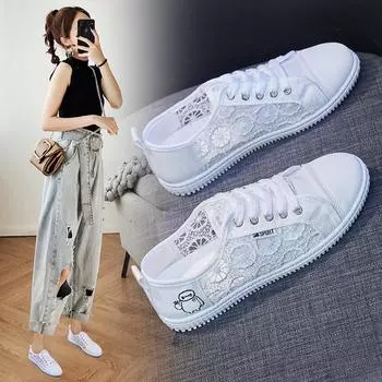 Кружевные дышащие белые туфли для женщин, новинка лета 2022 года, корейский стиль, студенческая парусиновая обувь с сеткой, туфли на плоской подошве 35 чёрный