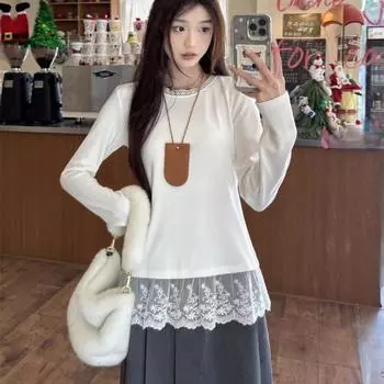 Кружевные футболки Белые простые футболки Женские футболки Дизайнерские футболки с круглым вырезом для девочек Милые футболки Модные кружевные широкие топы S