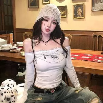 Кружевные футболки плечом к плечу для женщин, сексуальные футболки, однотонные белые топы, футболки для девочек, одежда для бара, модные женские футболки S