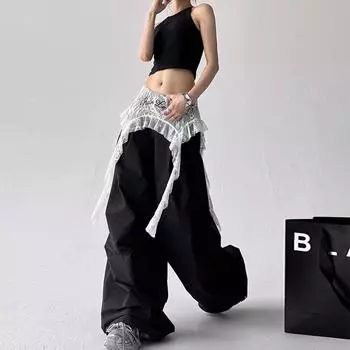 Кружевные лоскутные штаны-пукалки для женщин, тонкие, свободные, для танцев, широкие штаны-парашюты XL чёрный