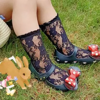 Кружевные носки для девочек, детские гольфы для принцесс, длинные носки с цветочным рисунком для малышей M чёрный