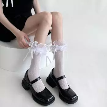 Кружевные носки в стиле Лолиты с рюшами, женские повязки с бантом JK, милые японские носки принцессы в стиле кавай для девочек, сетчатые кружевные носки в сетку