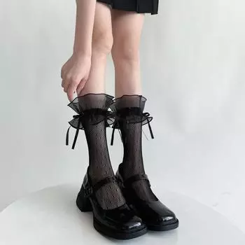 Кружевные носки в стиле Лолиты с рюшами, женские повязки с бантом JK, милые японские носки принцессы в стиле кавай для девочек, сетчатые кружевные носки в сетку