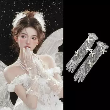 Кружевные перчатки Белое сетчатое платье с цветочным узором Невеста Свадьба Интернет Знаменитость День рождения Атмосфера Принцесса Фото Рукава One size