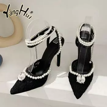 Кружевные сетчатые полые сексуальные туфли на очень высоком каблуке 2024 года, новые модные женские босоножки с острым носком и жемчугом и бриллиантами, лето 35 чёрный