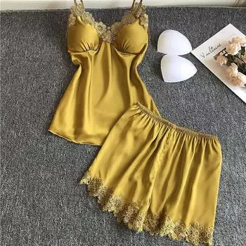 Кружевные сексуальные женские пижамы, летние ледяные шелковые шорты с нагрудником, ночная рубашка, шорты, комплект из двух предметов, одежда для сна M синий