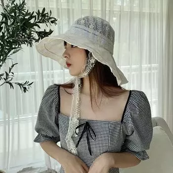 Кружевные шляпы-ведра для женщин, летние солнцезащитные козырьки, модная рыболовная элегантная цветочная шляпа с лентой, мягкая кепка, роскошный дизайнер для отдыха 56-58cm жёлтый