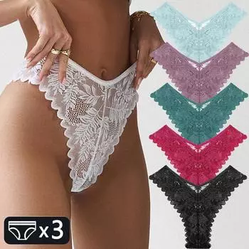 Кружевные стринги, 3 шт./компл., женские сексуальные стринги, трусы S-XL, кружевное нижнее белье, женские трусики с цветочным принтом, женское нижнее белье S