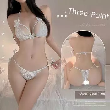 Кружевные стринги Feimu с открытым шаговым швом 6681 — сексуальное нижнее белье, упаковка 20 шт. Black: Three-point bra + strapped panties