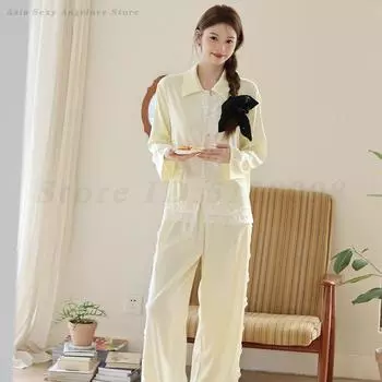 Кружевные топы и штаны, атласные пижамы, нежный и повседневный комплект из 2 предметов пижамы, пижамы для женщин, домашняя одежда, комплект с брюками с длинными рукавами, пижамы M жёлтый