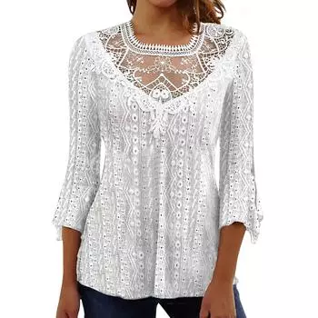 Кружевные топы с цветочным принтом для женщин - женские повседневные однотонные плиссированные полые струящиеся футболки с рукавами 3/4, блузки L белый