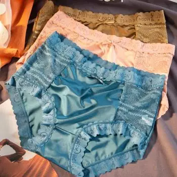 Кружевные трусики-пэчворк, шелковые атласные трусики для женщин, роскошное бесшовное нижнее белье, сексуальные трусики с треугольными чашечками и средней талией M