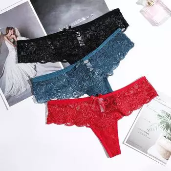Кружевные трусы Сексуальные стринги Т-образные трусики с низкой талией Трусы Женское нижнее белье Хлопок Промежность Женское нижнее белье S чёрный