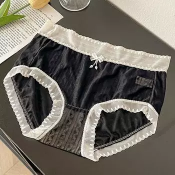 Кружевные трусы, женские летние тонкие антибактериальные хлопковые трусы со средней талией, сексуальные бесшовные сетчатые трусы для девочек one size чёрный