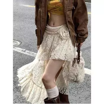 Кружевные вязаные крючком нестандартные уличные милые юбки Y2k Эстетическая юбка с высокой талией с 3D цветком и рюшами Женская сказочная сексуальная юбка Harajuku Faldas S белый