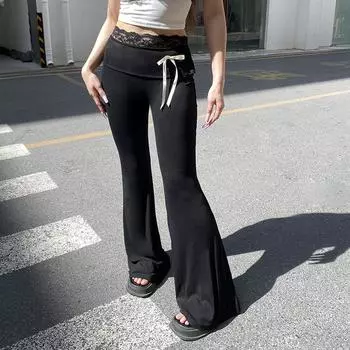 Кружевные вставки бант прямые брюки джоггеры L чёрный