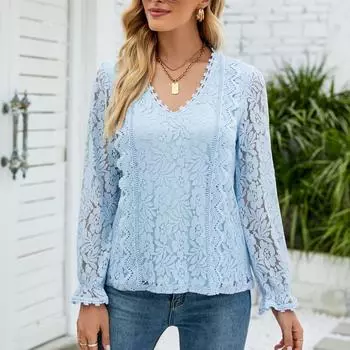 Кружевные женские футболки с длинными рукавами, осенний однотонный ажурный кружевной сексуальный трикотажный кружевной топ S темно-зеленого