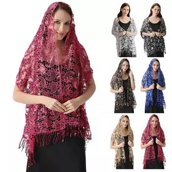 Кружево и пайетки, шаль, накидка для вечерних платьев, свадебный декор, шарф, элегантный хиджаб, покрывало для праздников Рамадана, женская скромная мода, цветочная шаль чёрный