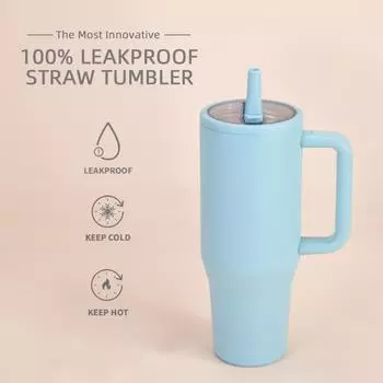 Кружка Bingba 40 унций с двойными стенками, герметичная, с крышкой и складной соломинкой, портативная, с отверстием для питья, автомобильная кружка 1200ml небесно-голубой