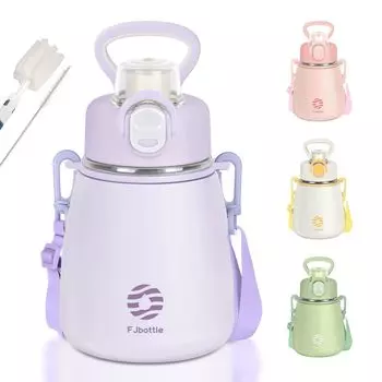 Кружка-бутылка FJbottle с вакуумной изоляцией для воды, легкая в использовании, из нержавеющей стали, в комплект входит чистящаяся фиолетовая бутылка, 600 мл, (с ремешком), Бутылка 2-х сторонняя, соломинка,