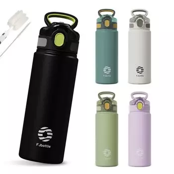Кружка-бутылка FJbottle с вакуумной изоляцией для воды, легкая в использовании, широкая, из нержавеющей стали, в комплекте с щеточкой для чистки, черная бутылка, 720 мл, (с ручкой), 2 пути чёрный