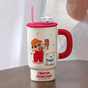 Кружка Crayon Shin с крышкой и соломинкой, офисная повседневная кружка, летняя керамическая кружка для воды, большой объем 801mL -900mL