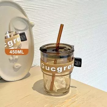 Кружка для кофе 450 мл Простая термостойкая стеклянная чашка с крышкой и соломинкой Прозрачная чашка для чая Чашки для сока и молока Кружка для завтрака