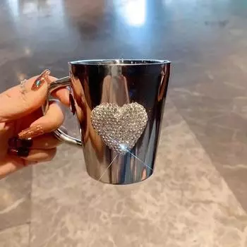 Кружка для кофе Bling Mug Rhinestone Heart с двойными стенками из нержавеющей стали, 300 мл, переносной дорожный стакан, чашка для чая с молоком, кружки для воды 300ml