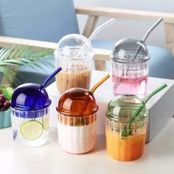 Кружка для кофе Boba Cup Bubble, банка для питья с крышкой и трубочкой, стакан из янтарного стекла с широким горлом для напитков со льдом, 15 унций