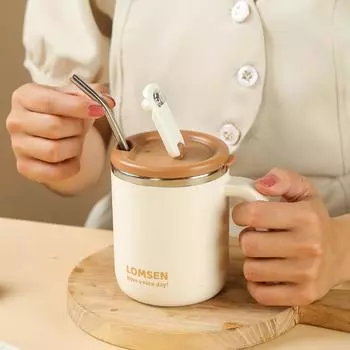 Кружка для кофе из нержавеющей стали 304 с соломинкой, двухслойная теплоизоляция, не допускающая ожогов, для студентов, офисных чашек для чая 500ML