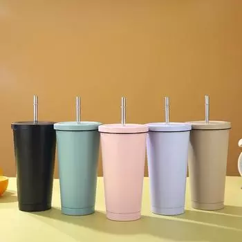 Кружка для кофе из нержавеющей стали с двойной изоляцией, соломинкой и крышкой, большая емкость для воды, бытовая высококачественная удобная посуда для питья 500ml чёрный