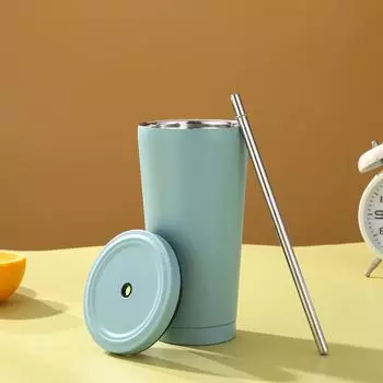 Кружка для кофе из нержавеющей стали с двойной изоляцией, соломинкой и крышкой, большая емкость для воды, бытовая высококачественная удобная посуда для питья 500ml чёрный