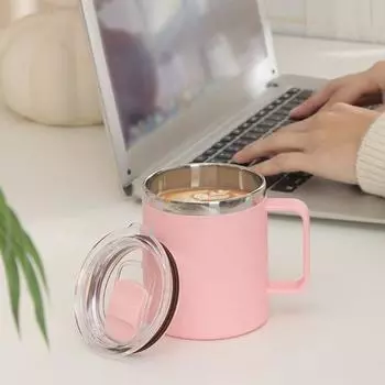 Кружка для кофе из нержавеющей стали с ручкой, раздвижной крышкой, двойной стенкой, вакуумной изоляцией, дорожная чашка для горячих и холодных напитков, чашка для чая без брызг 450ML розовый