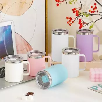 Кружка для кофе из нержавеющей стали с ручкой, раздвижной крышкой, двойной стенкой, вакуумной изоляцией, дорожная чашка для горячих и холодных напитков, чашка для чая без брызг 450ML розовый