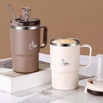 Кружка для кофе из нержавеющей стали, термостакан для воды с крышкой-соломинкой для отделения чая и складной ложкой кофейный