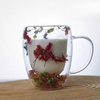 Кружка для кофе из прозрачного стекла с двойными стенками и сухоцветами 250/350 мл, изолированная стеклянная чашка для горячих и холодных напитков, капучино, латте, эспрессо, уникальный подарок 250ml
