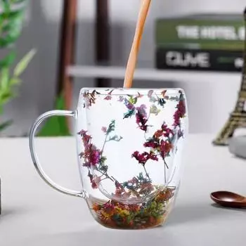 Кружка для кофе из прозрачного стекла с двойными стенками и сухоцветами 250/350 мл, изолированная стеклянная чашка для горячих и холодных напитков, капучино, латте, эспрессо, уникальный подарок 250ml