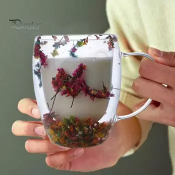 Кружка для кофе из прозрачного стекла с двойными стенками и сухоцветами 250/350 мл, изолированная стеклянная кружка для горячих и холодных напитков, чашка для капучино, латте, эспрессо, уникальный подарок 250ml