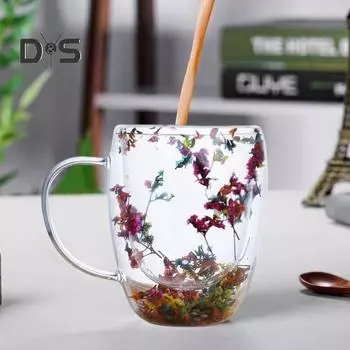 Кружка для кофе из прозрачного стекла с двойными стенками и сухоцветами 250/350 мл, изолированная стеклянная кружка для горячих и холодных напитков, чашка для капучино, латте, эспрессо, уникальный подарок 250ml