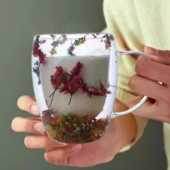 Кружка для кофе из прозрачного стекла с двойными стенками и сухоцветами 250/350 мл, изолированная стеклянная чашка для горячих и холодных напитков, капучино, латте, эспрессо, уникальный подарок 250ml