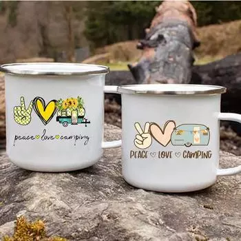 Кружка для кофе Peace Love Camp Print, кружка для путешествий на открытом воздухе, эмалированная кружка, нержавеющая сталь, чашки для кофе и чая, оригинальные чашки для завтрака 360ML