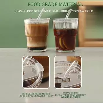 Кружка для кофе со льдом, чашка для чая, стакан для сока, молока, стакан для воды, стакан для питья, полосатая стеклянная чашка, прозрачные стаканы с крышкой и соломинкой